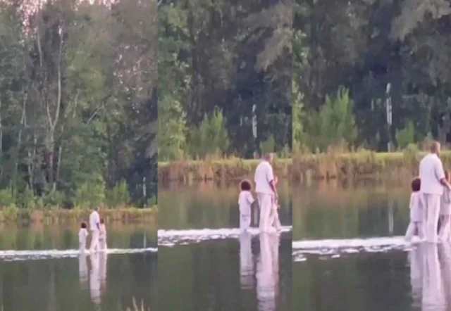 Kanye West walks on water with his kids